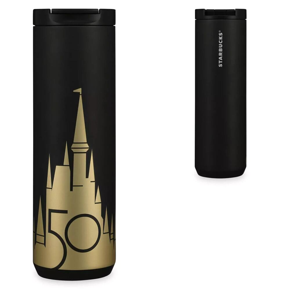 Walt Disney World 50th Anniversary Starbucks 16‎ oz Stainless Tumbler Black Gold